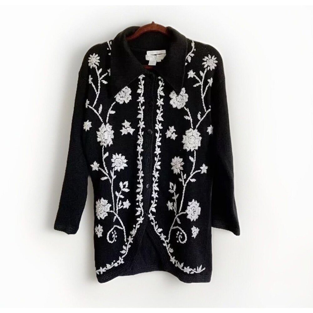 Jennifer & Company Hand Knit Floral Embroidered Sweater Jacket Women Small Artsy
